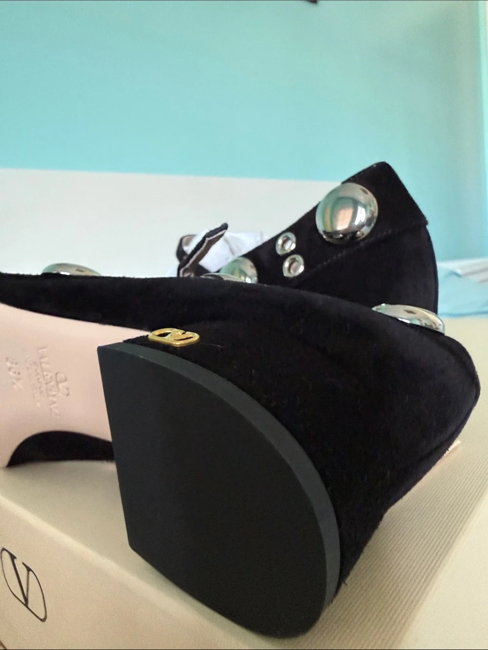 Valentino Black Suede Stud-Embellished Mary Jane Flats